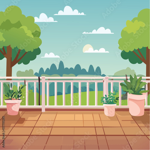 back garden patio area with wood decking and potted plants