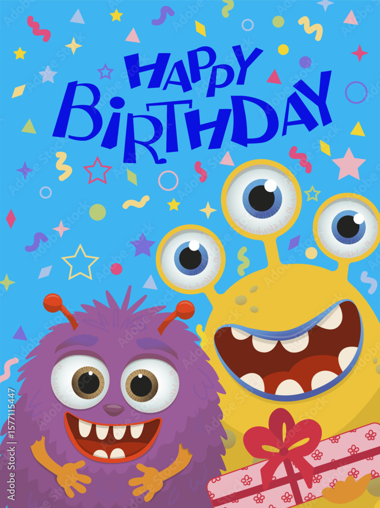 Obraz premium Colorful Monster Birthday Vector Illustration with Gift
