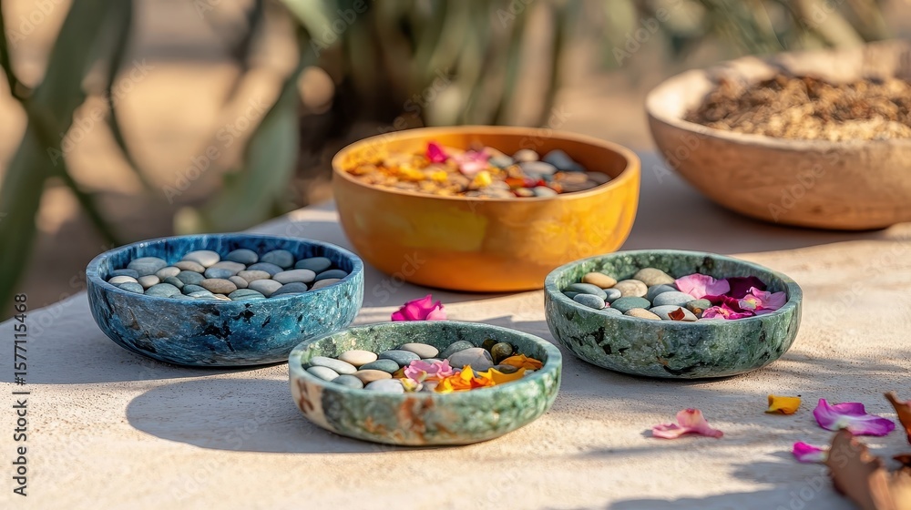 Fototapeta premium Decorative Bowls with Pebbles and Flower Petals on Table Surface