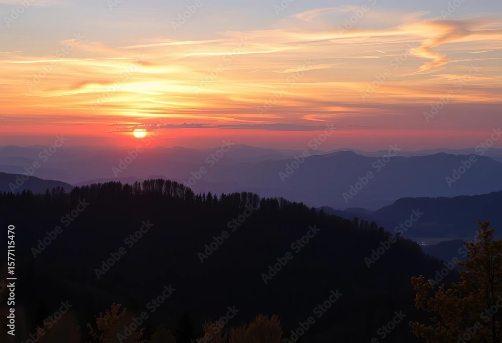 Obraz premium Breathtaking sunset over Vrsatec mountains, Slovakia, spring, peaks