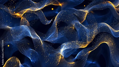 Captivating cinematic abstract background video with flowing blue lines and golden sparkles