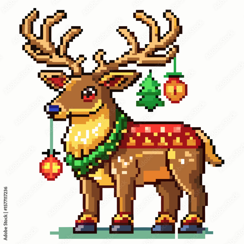 Pixel Art Animated Reindeer with Festive Decorations and Ornaments Pixel Art Animated Reindeer with Festive Decorations and Ornaments