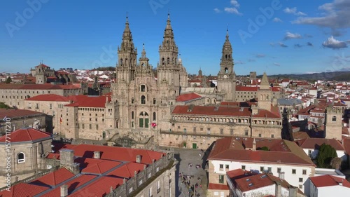 Aerial view of famous Cathedral of Santiago de Compostela. Travel destination of Camino de Santiago in Galicia, Spain.