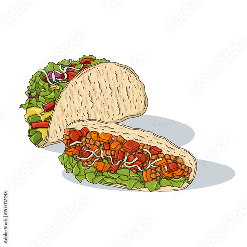 Illustration of Delicious Taco With Vibrant Ingredients on White Background