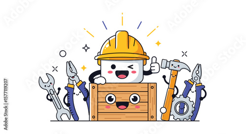 Happy character in hard hat with tools and wooden box celebrating success