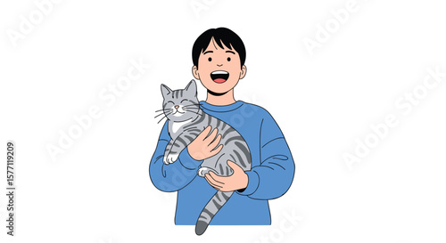 Young boy happily holding a striped tabby cat in his arms with a wide smile