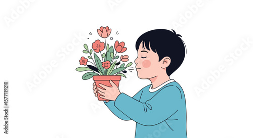 Joyful boy enjoys the delightful fragrance of a potted plant filled with lovely blooming flowers bringing happiness