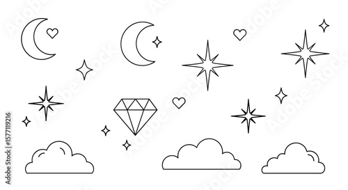 Whimsical celestial collection featuring crescent moons sparkling stars diamond shapes and gentle clouds artistic outline elements