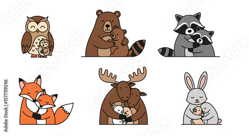 Adorably illustrated forest creatures show affectionate mother animal embraces little ones warm bonds