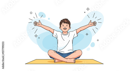 Young boy sitting in lotus pose arms spread wide experiencing joy and energy flow