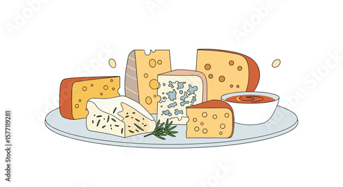 Artistic display of assorted cheeses including gouda cheddar blue cheese and parmesan with accompaniments