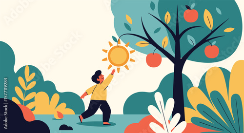 Person reaching for the sun next to an apple tree in a lush garden