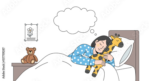 Young girl sleeping soundly in bed holding a stuffed giraffe toy
