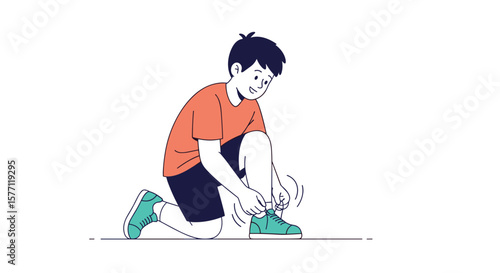 Young boy kneeling down tying his shoelaces on his sneaker preparing for outdoor activity