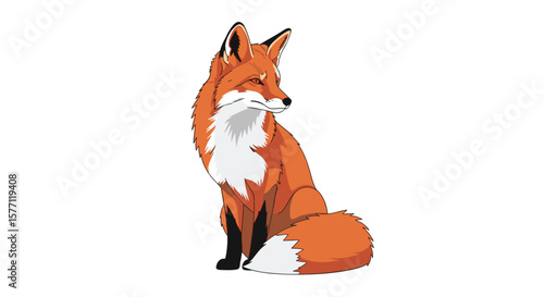 Cute orange fox sitting proudly with fluffy tail and bushy ears looking back