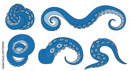 Collection of blue octopus tentacle illustrations showing various coils and curls