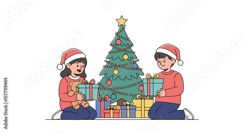 Happy children unwrap gifts under festive christmas tree