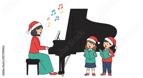 Children and teacher enjoy christmas caroling together while playing piano