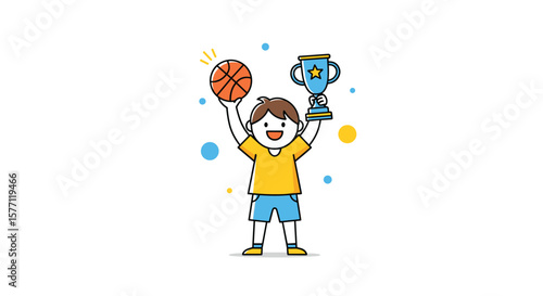 Young athlete celebrates basketball championship victory with a trophy and ball