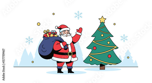Santa claus bringing holiday gifts near decorated christmas tree with snowflakes falling down