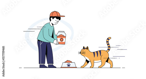 Young person feeding hungry orange tabby cat from bowl during day with white background