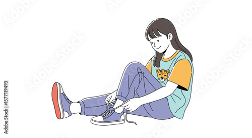 Young girl sitting on the ground tying her shoelaces with a smile