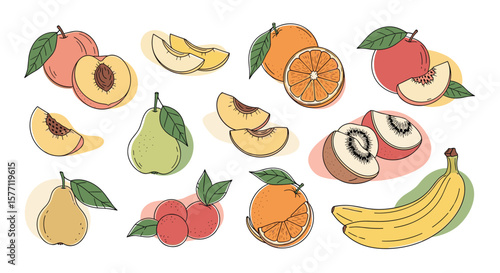 Collection of fresh ripe fruits including peaches pears oranges bananas and berries illustrated