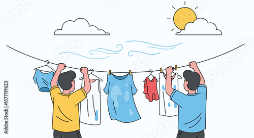 Two men hang laundry outdoors on a sunny windy day drying clothes