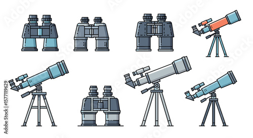 Collection of vintage binoculars and telescopes for observing distant objects