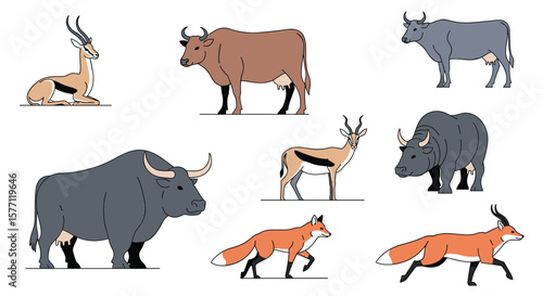 Collection of farm animals and wild creatures digital art illustration