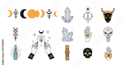 Mystical esoteric symbols and occult designs featuring crystals skulls and celestial bodies