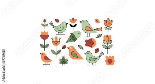 Charming folk art birds and botanical elements adorning a white background