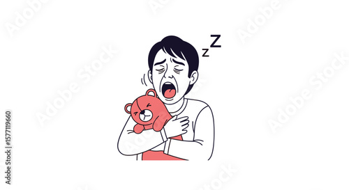Tired child yawning and holding a stuffed bear feeling sleepy and exhausted