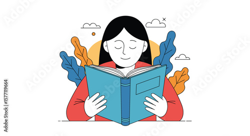 A person reading an open book surrounded by stylized foliage under clouds
