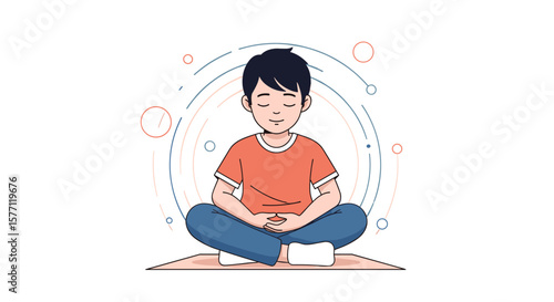 Young boy sits calmly on a mat practicing mindful meditation exercises