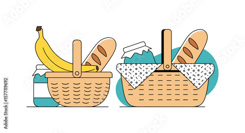 Two wicker baskets filled with fresh bread ripe bananas and jars of preserves perfect for a delightful outdoor meal