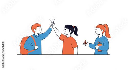 Joyful students celebrating success with high fives and books
