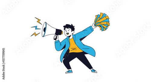Energetic person with megaphone and pom poms celebrating a victory loudly with joy
