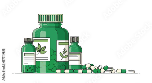 Natural herbal supplements for better health and wellness support packed in green bottles and capsules
