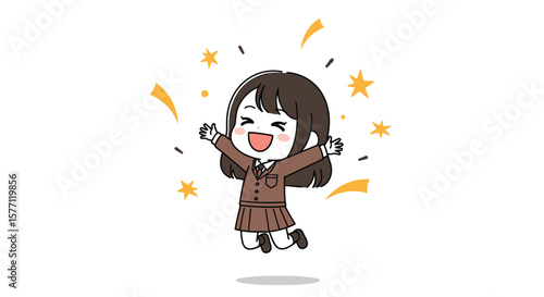 Excited schoolgirl celebrates with joyful exuberance surrounded by sparkling stars and golden confetti