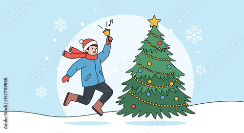 Happy child running in snow with bell near decorated christmas tree celebrating holidays cheerfully