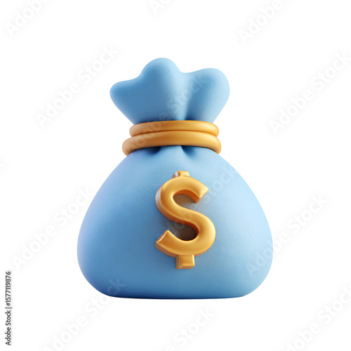 Blue money pouch with golden dollar sign 3D clay white background