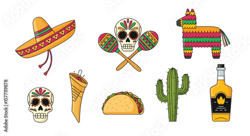 Mexican fiesta celebration symbols festive cultural elements day dead party decorations