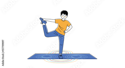 Man practicing yoga balancing pose on blue mat performing dancer pose exercise for physical fitness and well-being