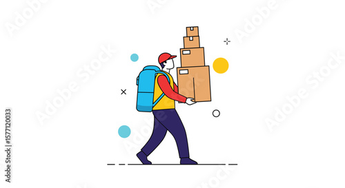 Delivery person carries many boxes while walking with a large blue backpack
