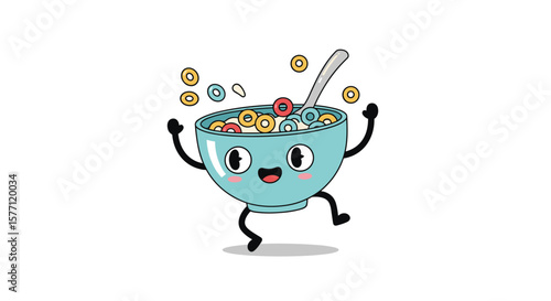 Joyful bowl of cereal with floating bits and spoon dancing happily