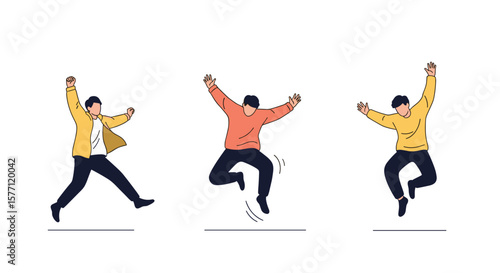 Excited people jumping high in the air with joyful expressions celebrations