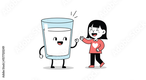 A cartoon glass of milk and a young girl wave happily together