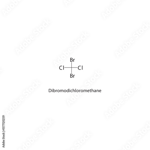 Dibromodichloromethane skeletal structure. Halogenated methane compound schematic illustration. Simple diagram, chemical formula.