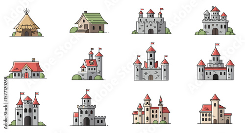 Collection of pixel art buildings houses castles and structures for game development